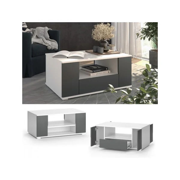 Table Basse Blanche et Anthracite Spacieuse avec Tiroir Rangement Table Basse Rectangulaire Salon
