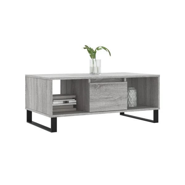 Table Basse de Salon Chêne Gris avec 1 Tiroir 2 Compartiments pour le Rangement