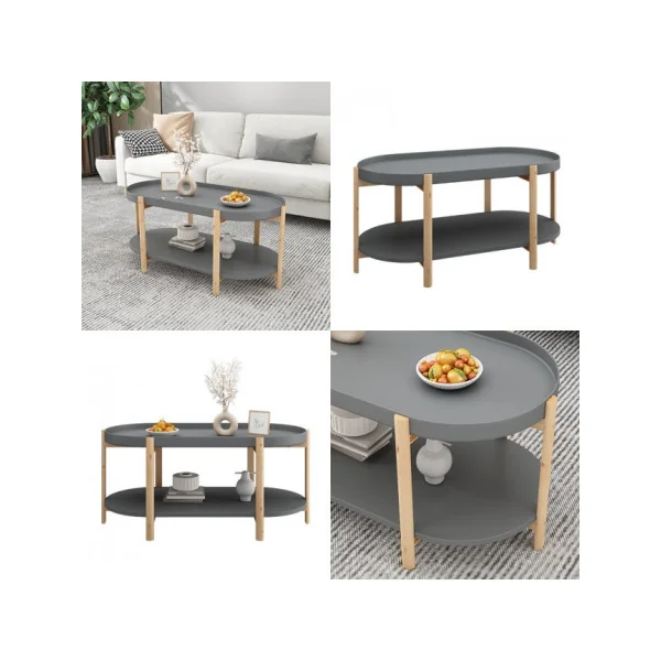 Table Basse de Salon Grise Pieds Bois Table d'Appoint Ovale Table basse Ovale