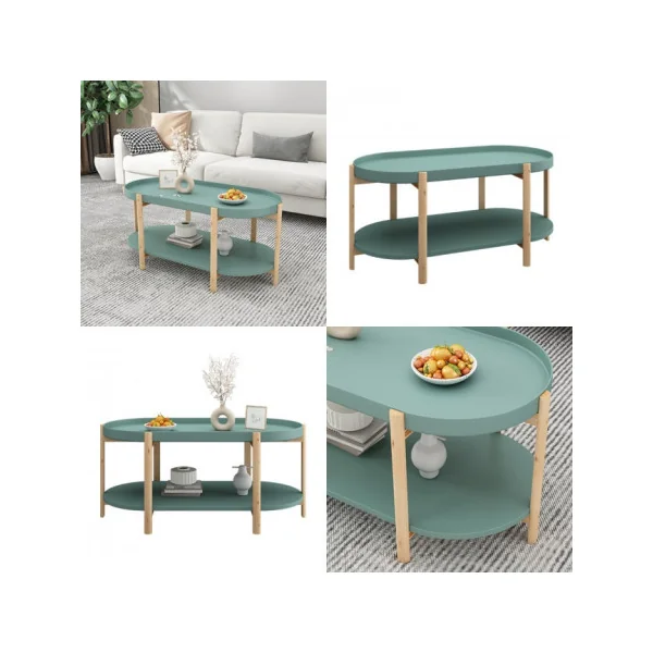Table Basse de Salon Verte Pieds Bois Table d'Appoint Ovale Table basse Ovale