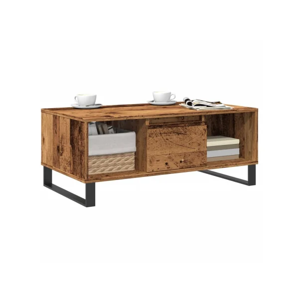 Table Basse de Salon Vieux Bois avec 1 Tiroir 2 Compartiments pour le Rangement