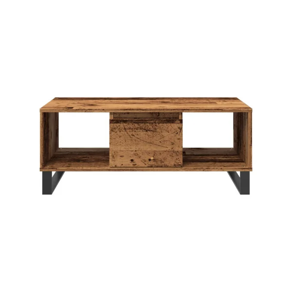 Table Basse de Salon Vieux Bois avec 1 Tiroir 2 Compartiments pour le Rangement