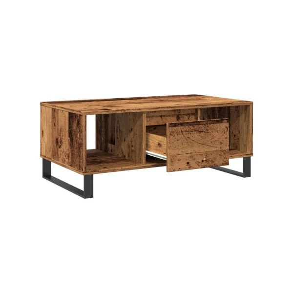 Table Basse de Salon Vieux Bois avec 1 Tiroir 2 Compartiments pour le Rangement