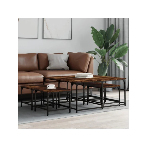 Table Basse Gigogne Industrielle Lot de 5 Tables Basse Industrielle Métal et Chêne Fumé