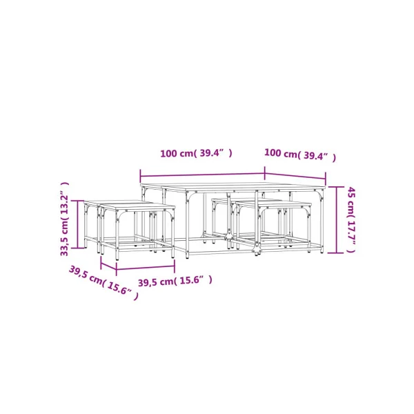 Table Basse Gigogne Industrielle Lot de 5 Tables Basse Industrielle Métal et Chêne Gris