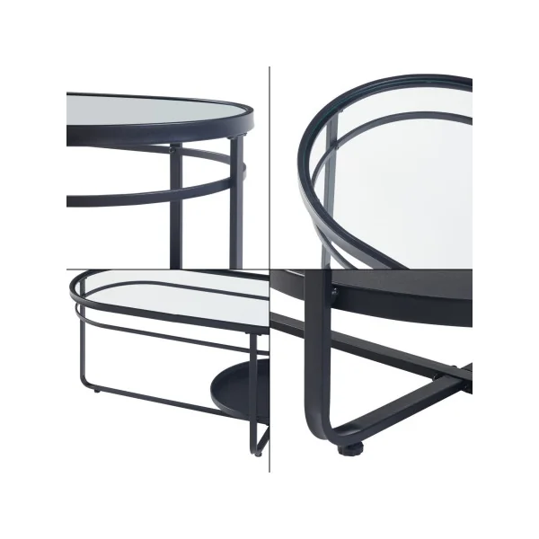 Table Basse Industrielle Noir Plateau Verre Ovale Table de Salon