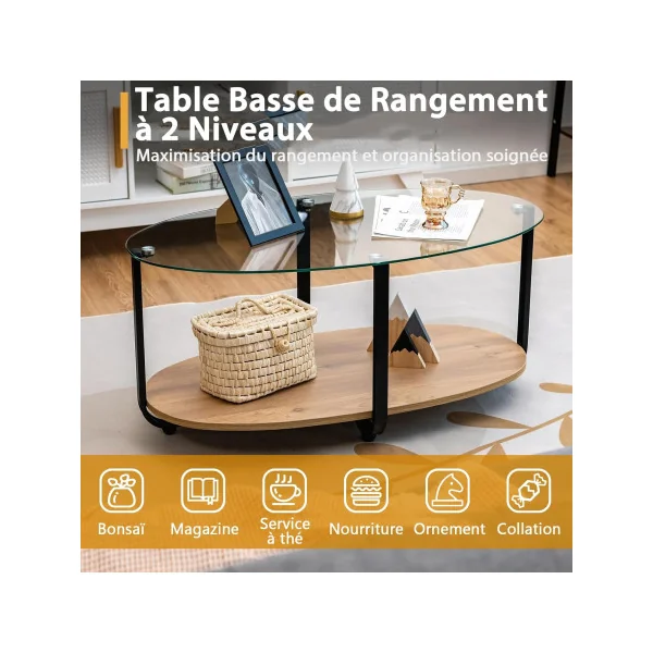 Table Basse Industrielle Verre Trempé Table de Salon Moderne Noir et Chêne