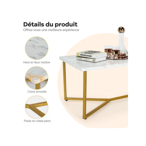 Table Basse Marbre Imprimé Table Rectangulaire Piètement Métal Doré Moderne
