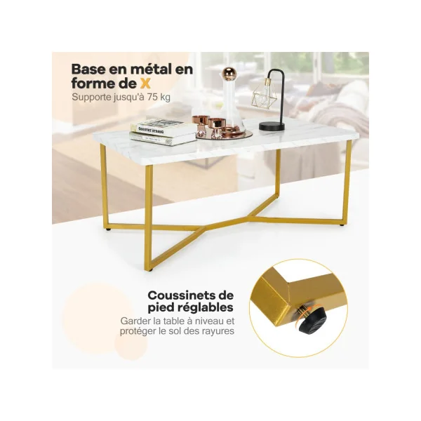 Table Basse Marbre Imprimé Table Rectangulaire Piètement Métal Doré Moderne