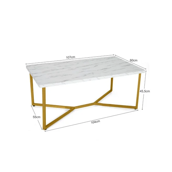 Table Basse Marbre Imprimé Table Rectangulaire Piètement Métal Doré Moderne