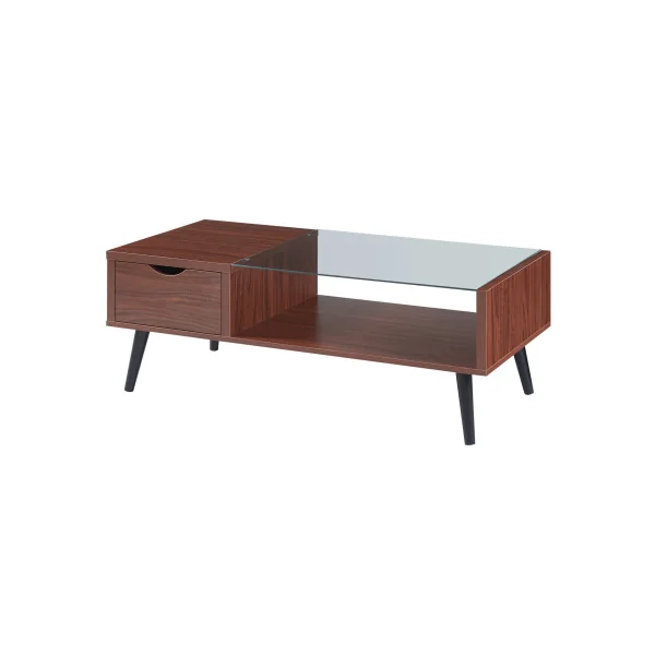 Table Basse Noyer 1 Tiroir Table Salon Plateau Verre Table Basse Rectangulaire