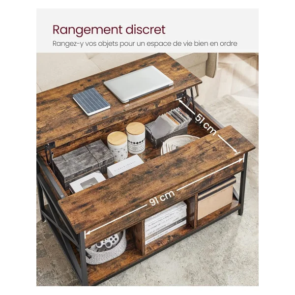Table Basse Plateau Relevable 100 cm Brun Rustique Table Basse Rectangulaire avec Rangement Caché