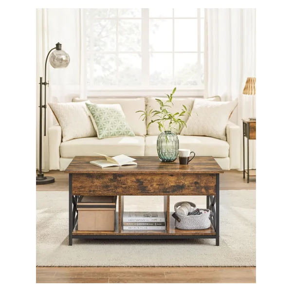 Table Basse Plateau Relevable 100 cm Brun Rustique Table Basse Rectangulaire avec Rangement Caché