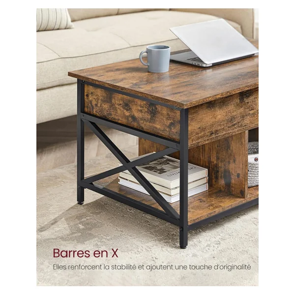 Table Basse Plateau Relevable 100 cm Brun Rustique Table Basse Rectangulaire avec Rangement Caché