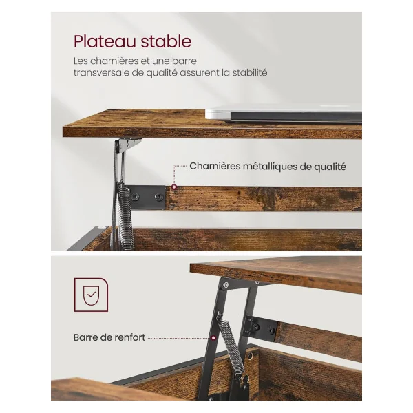 Table Basse Plateau Relevable 100 cm Brun Rustique Table Basse Rectangulaire avec Rangement Caché