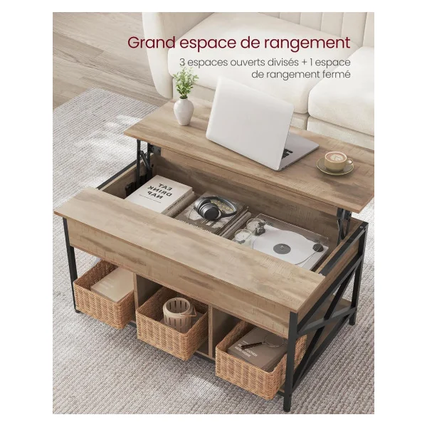 Table Basse Plateau Relevable 100 cm Chêne Table Basse Rectangulaire avec Rangement Caché