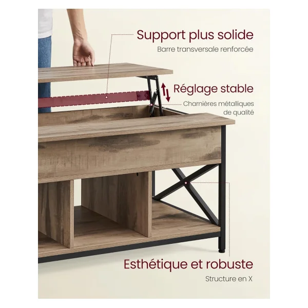 Table Basse Plateau Relevable 100 cm Chêne Table Basse Rectangulaire avec Rangement Caché