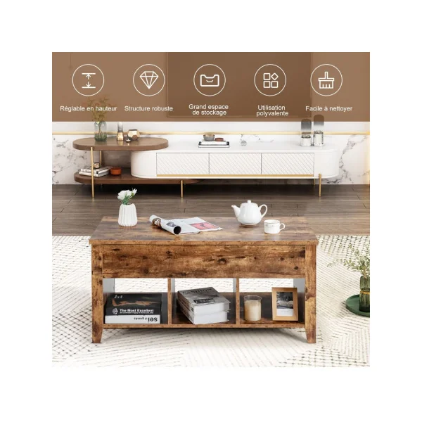 Table Basse Plateau Relevable 105 cm Marron Rustique Table Basse Rectangulaire avec Rangement Caché