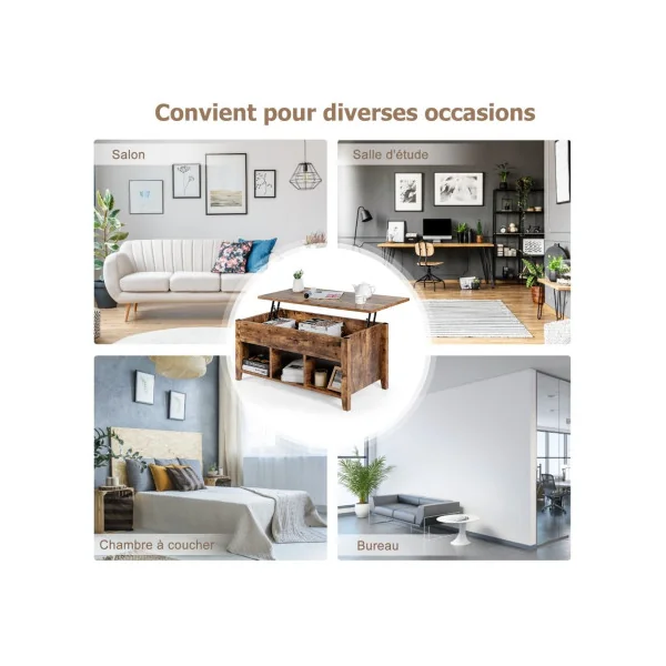 Table Basse Plateau Relevable 105 cm Marron Rustique Table Basse Rectangulaire avec Rangement Caché