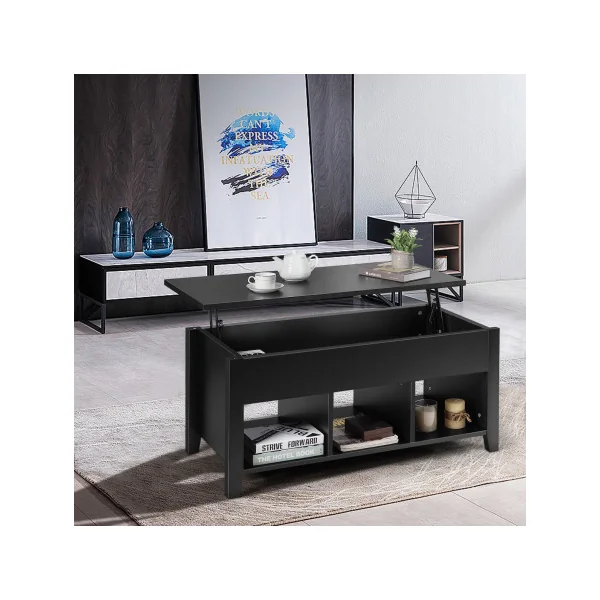 Table Basse Plateau Relevable 105 cm Noir Table Basse Rectangulaire avec Rangement Caché