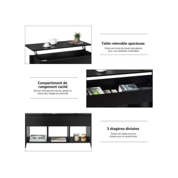 Table Basse Plateau Relevable 105 cm Noir Table Basse Rectangulaire avec Rangement Caché