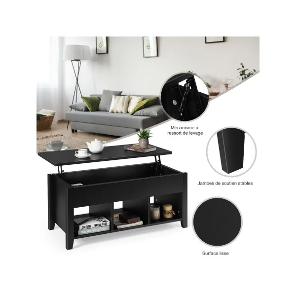 Table Basse Plateau Relevable 105 cm Noir Table Basse Rectangulaire avec Rangement Caché