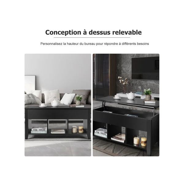 Table Basse Plateau Relevable 105 cm Noir Table Basse Rectangulaire avec Rangement Caché