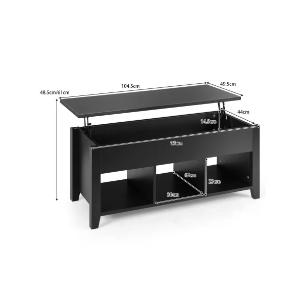 Table Basse Plateau Relevable 105 cm Noir Table Basse Rectangulaire avec Rangement Caché