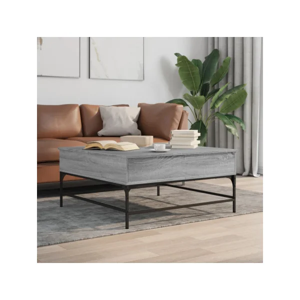 Table Basse Plateau Relevable Chêne Gris et Métal Table Basse Carrée avec Rangement Caché
