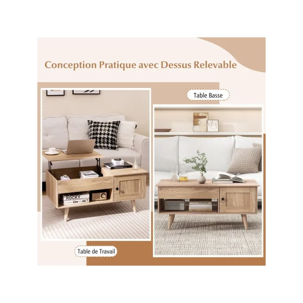 Table Basse Plateau Relevable Chêne Table Basse Rectangulaire Compartiment Caché