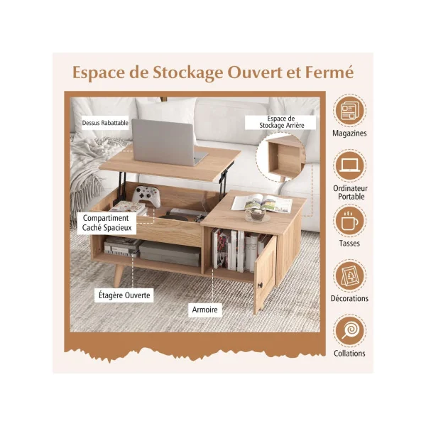 Table Basse Plateau Relevable Chêne Table Basse Rectangulaire Compartiment Caché