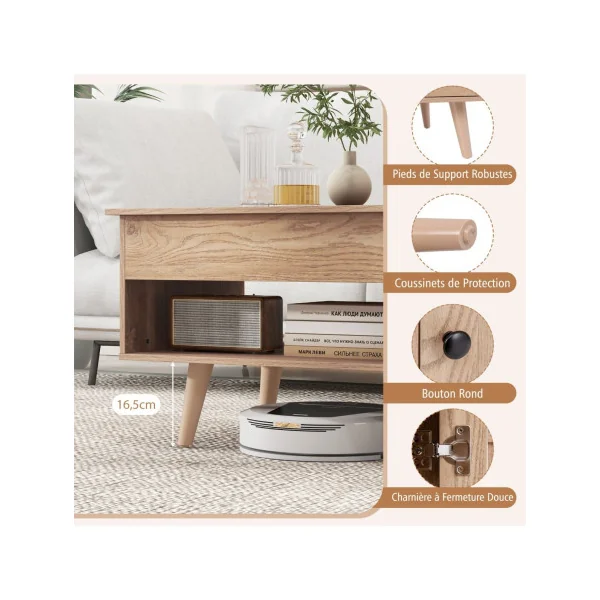 Table Basse Plateau Relevable Chêne Table Basse Rectangulaire Compartiment Caché