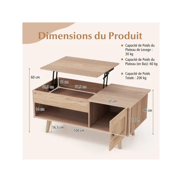 Table Basse Plateau Relevable Chêne Table Basse Rectangulaire Compartiment Caché