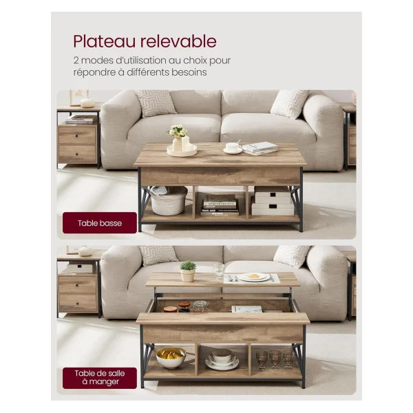 Table Basse Plateau Relevable Marron Camel Table Basse Rectangulaire avec Rangement Caché