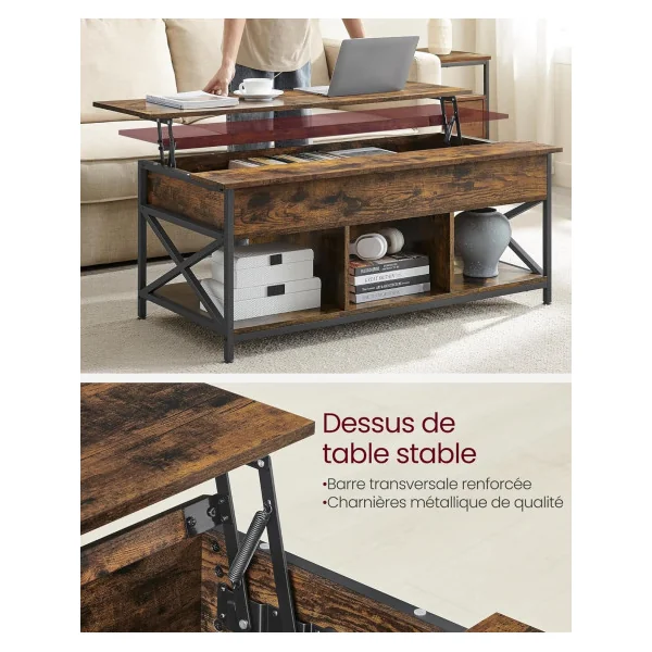 Table Basse Plateau Relevable Marron Rustique Table Basse Rectangulaire avec Rangement Caché