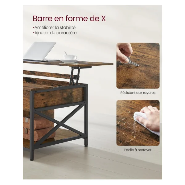 Table Basse Plateau Relevable Marron Rustique Table Basse Rectangulaire avec Rangement Caché