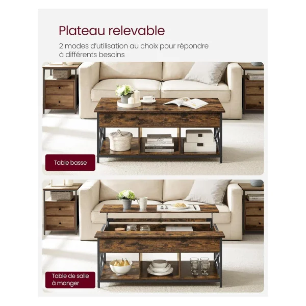 Table Basse Plateau Relevable Marron Rustique Table Basse Rectangulaire avec Rangement Caché