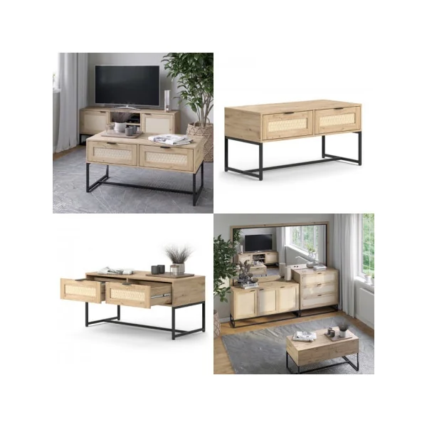 Table basse Rectangulaire 2 Tiroirs Industrielle Noir et Chêne Pieds Métal Noir Table Salon