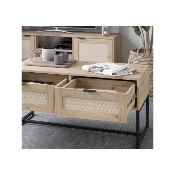 Table basse Rectangulaire 2 Tiroirs Industrielle Noir et Chêne Pieds Métal Noir Table Salon