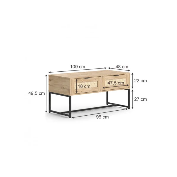 Table basse Rectangulaire 2 Tiroirs Industrielle Noir et Chêne Pieds Métal Noir Table Salon