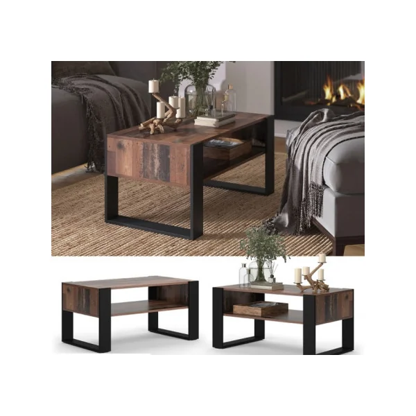 Table Basse Rectangulaire Pieds Métal Table de Salon Table Basse Bois Antique Moderne