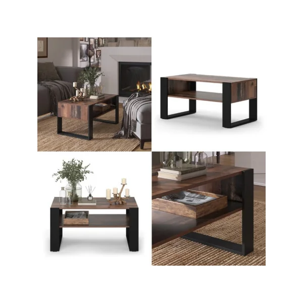 Table Basse Rectangulaire Pieds Métal Table de Salon Table Basse Bois Antique Moderne