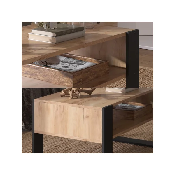 Table Basse Rectangulaire Pieds Métal Table de Salon Table Basse Chêne Moderne