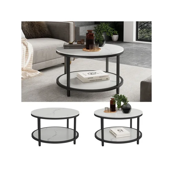 Table Basse Ronde 86 cm Blanc Marbre et Noir Métal Table de Salon Moderne
