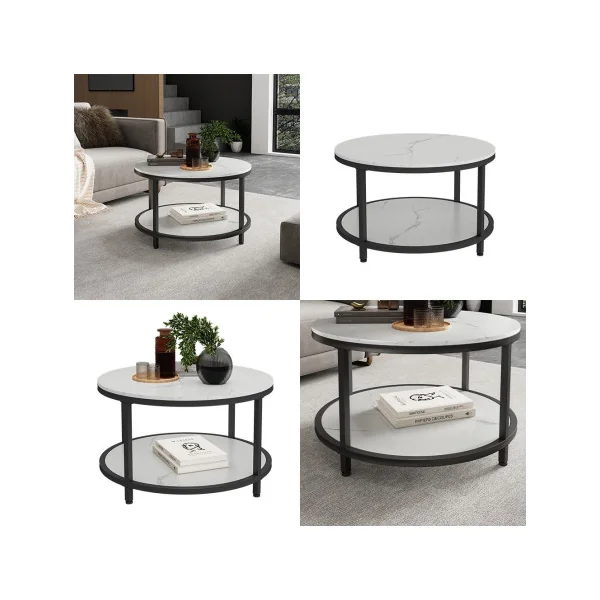 Table Basse Ronde 86 cm Blanc Marbre et Noir Métal Table de Salon Moderne