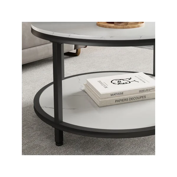 Table Basse Ronde 86 cm Blanc Marbre et Noir Métal Table de Salon Moderne