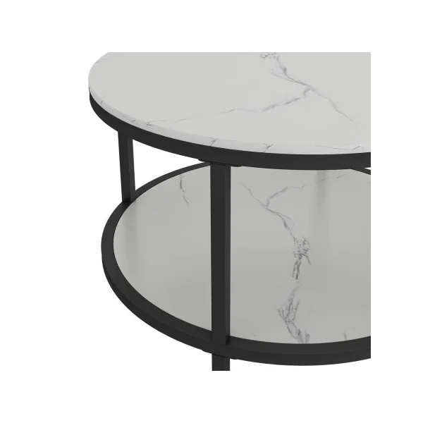 Table Basse Ronde 86 cm Blanc Marbre et Noir Métal Table de Salon Moderne