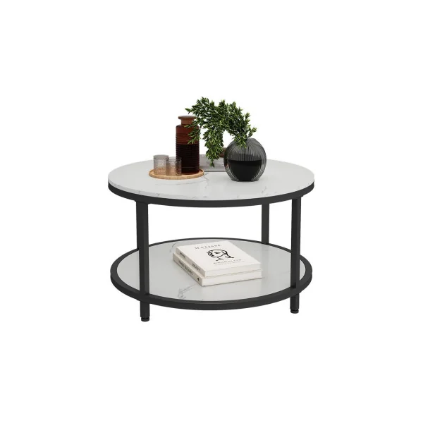 Table Basse Ronde 86 cm Blanc Marbre et Noir Métal Table de Salon Moderne