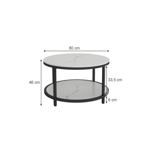 Table Basse Ronde 86 cm Blanc Marbre et Noir Métal Table de Salon Moderne