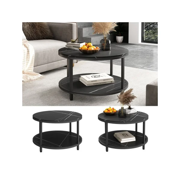 Table Basse Ronde 86 cm Noir Marbré et Noir Métal Table de Salon Moderne